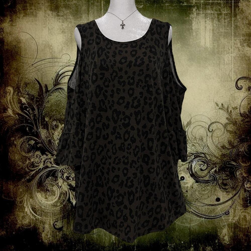 washed khaki leopard print open shoulder tunic top